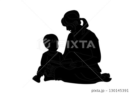 妊婦のママが子に読み聞かせ 絵本を読む親子のシルエットイラスト 妊婦のママが子に読み聞かせ 絵本を読む親子のシルエットイラスト 130145391