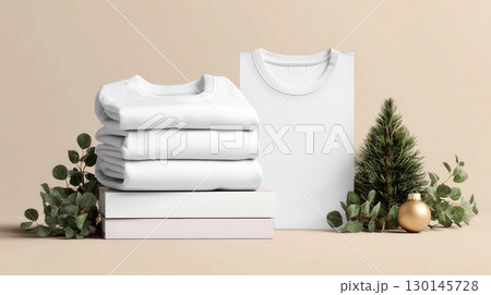 Christmas and New Year mockup of plain white folded stack t-shirt on festive background and copy space, beige color tone. 130145728
