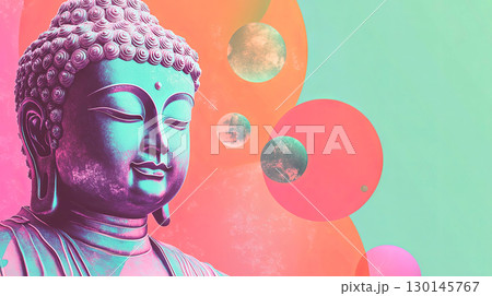Experience serenity with this colorful, modern interpretation of a Buddha statue 130145767
