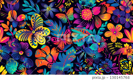 Vibrant floral designs come alive with color, showcasing an array of butterflies and blossoms 130145768