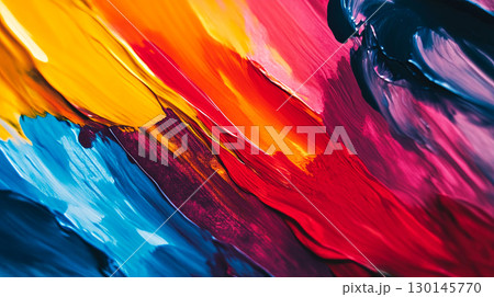 Vibrant abstract painting with bold strokes of red, blue, yellow, and orange, showcasing dynamic movement and texture, perfect for artistic backgrounds and creative projects 130145770