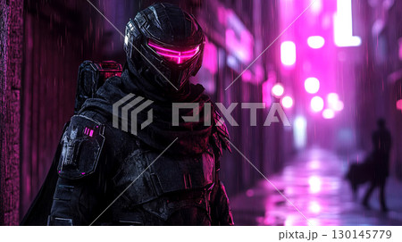 A futuristic figure stands in the rain, illuminated by neon lights. A futuristic figure stands in the rain, illuminated by neon lights. 130145779
