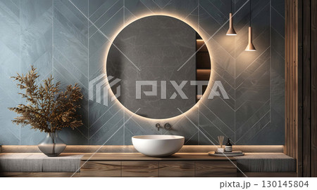 A serene bathroom scene featuring clean lines, a round illuminated mirror 130145804