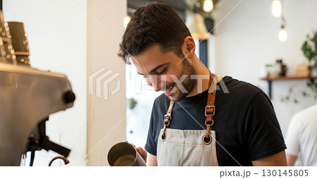 Barista with dark hair, wearing an apron, is preparing coffee in a modern cafe, showcasing the art of coffee-making and the vibrant atmosphere of a bustling coffee shop 130145805