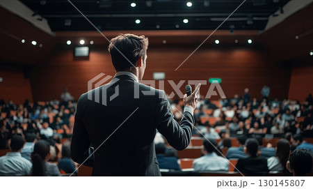 A captivating scene of a confident speaker addressing an engaged audience in a modern venue 130145807