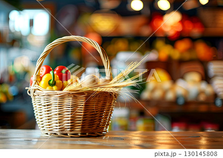 A vibrant basket filled with colorful vegetables and wheat captures the essence of freshness 130145808