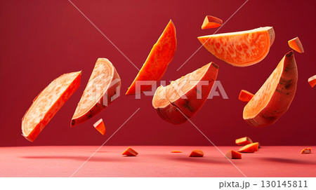 Slices of vibrant orange sweet potato are suspended in mid-air against a bold red background, showcasing their unique texture and color in a dynamic food composition 130145811