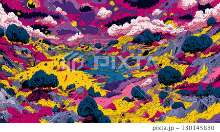 Colorful Acid Psychedelic Art Landscape. High quality illustration 130145830