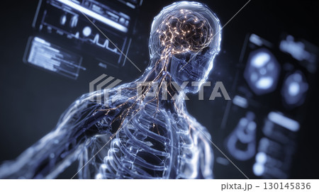 Futuristic medical illustration of a human body scan with a highlighted brain, visualized through virtual MRI or X - ray imaging. The image emphasizes modern diagnostic technologies, neurology, and 130145836