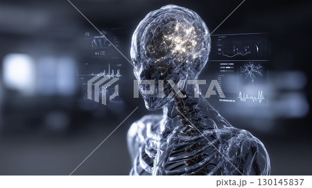 Futuristic medical illustration of a human body scan with a highlighted brain, visualized through virtual MRI or X - ray imaging. The image emphasizes modern diagnostic technologies, neurology, and 130145837
