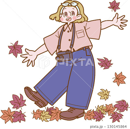 紅葉狩りを楽しむカメラを下げた女性のイラスト 130145864