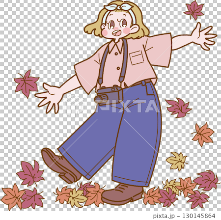 Illustration of a woman with a camera enjoying autumn leaves 130145864