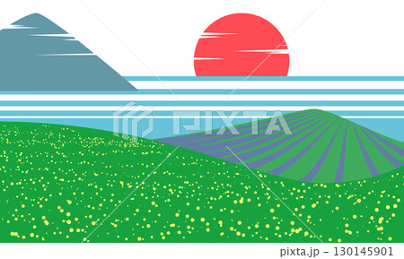 Minimal vector landscape with green fields, striped hills, large red sun and mountains on the horizon. Flat illustration of nature at sunset with graphic lines and vibrant colors Minimal vector landscape with green fields, striped hills, large red sun and mountains on the horizon. Flat illustration of nature at sunset with graphic lines and vibrant colors 130145901