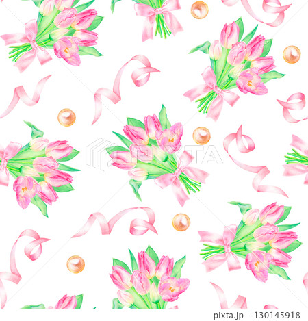 Seamless watercolor pattern with hand drawn tulip bouquet with pink ribbon and pearls. Seamless watercolor pattern with hand drawn tulip bouquet with pink ribbon and pearls. 130145918