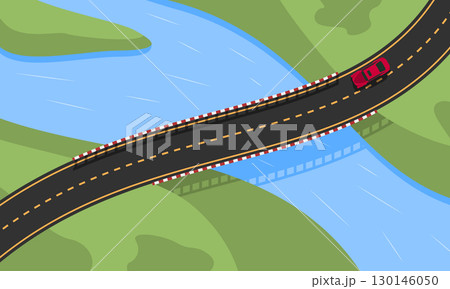 Top view illustration of a red car driving over a curved bridge crossing a blue river, surrounded by green landscape. Concept of transportation, travel, and infrastructure Top view illustration of a red car driving over a curved bridge crossing a blue river, surrounded by green landscape. Concept of transportation, travel, and infrastructure 130146050