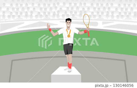 Vector illustration of a tennis champion standing on a podium with a gold medal and racket, smiling and celebrating in front of a stadium crowd. Perfect for sports and victory themes 130146056