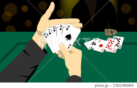 Vector illustration of a player holding a royal flush in spades during a poker game. Symbol of victory, gambling, luck, and high stakes in casino environment 130146064