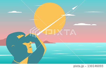 Vector illustration of a man watching a rocket launch across the sky at sunset over the ocean. Concept of ambition, exploration, innovation, and future vision in minimal style Vector illustration of a man watching a rocket launch across the sky at sunset over the ocean. Concept of ambition, exploration, innovation, and future vision in minimal style 130146093
