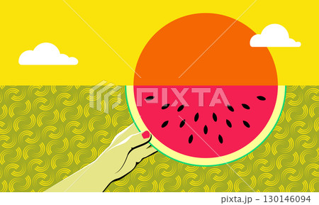 Minimal vector illustration of a hand holding a watermelon slice resembling a sunset, with bright yellow background, abstract patterns, and playful summer vibe 130146094