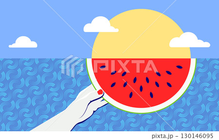 Minimal vector illustration of a hand holding a watermelon slice resembling a sunrise with blue sky background, abstract sea pattern, and playful summer vibe, ocean vacation 130146095