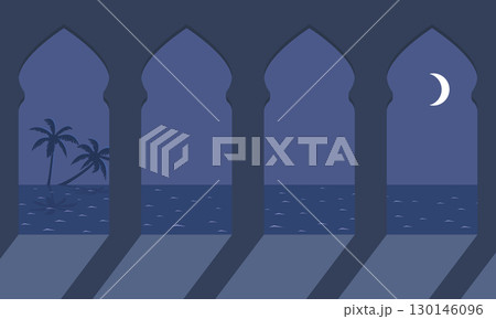 Vector illustration of a tropical night sea view through arched windows with palm trees and crescent moon. Calm coastal landscape in flat minimal style Vector illustration of a tropical night sea view through arched windows with palm trees and crescent moon. Calm coastal landscape in flat minimal style 130146096