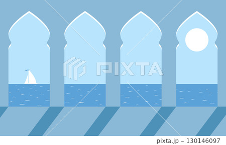 Minimal vector illustration of sea view through decorative eastern arch windows with shadows, a sailing boat, calm waves, and the sun on a blue sky. Modern east travel and relaxation concept 130146097