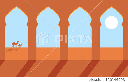 Minimal vector illustration of camels in the desert seen through traditional Islamic arches. Warm colors and architectural silhouettes create a Middle Eastern atmosphere 130146098