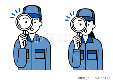 虫眼鏡を覗くつなぎ作業服の男女 セット 虫眼鏡を覗くつなぎ作業服の男女 セット 130146157