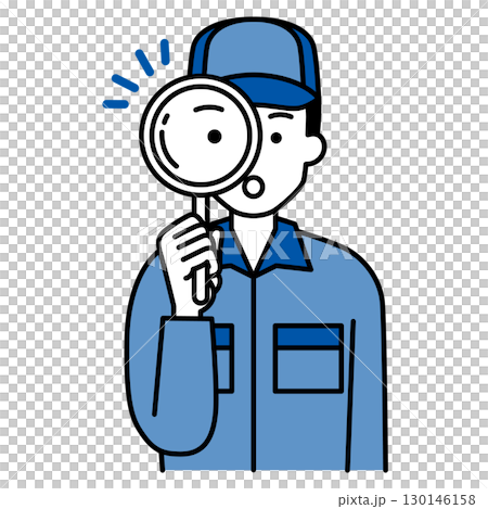 A man in overalls looking through a magnifying glass 130146158