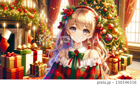 クリスマスツリーとプレゼントに囲まれた可愛い笑顔の女性のイラスト 130146316