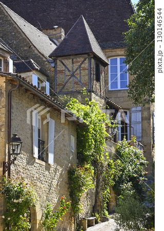 Charming street in Sarlat, Dordogne, featuring traditional architecture and lush greenery along Rue 130146544