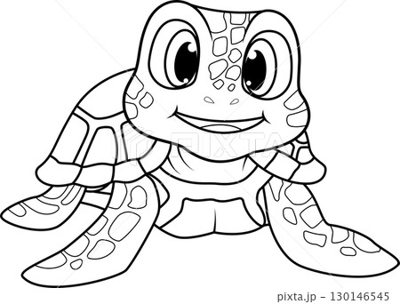 Cute cartoon sea turtle with big eyes and a smile line art Cute cartoon sea turtle with big eyes and a smile line art 130146545