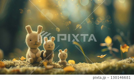 A charming scene with playful felted bunnies nestled in a dreamy forest setting 130146681