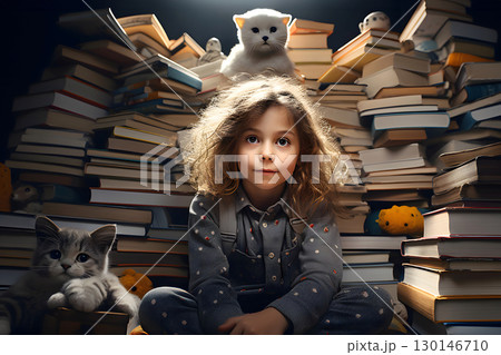 student girl sits against the background of a large stack of different books 130146710