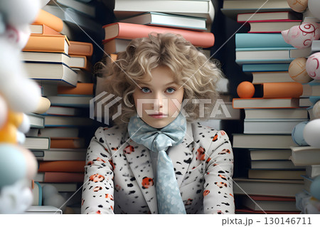 student girl sits against the background of a large stack of different books 130146711