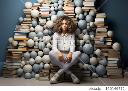 student girl sits against the background of a large stack of different books. 130146712