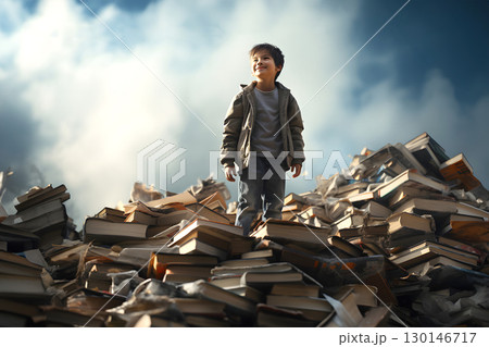 student boy stands on a hill of books. study and knowledge of science. student boy stands on a hill of books. study and knowledge of science. 130146717