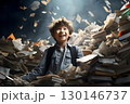 happy student boy among a large set of books. study and knowledge of science 130146737