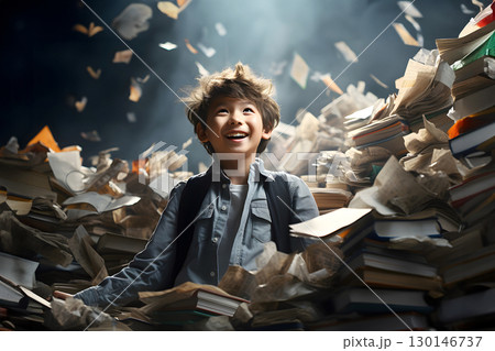 happy student boy among a large set of books. study and knowledge of science 130146737