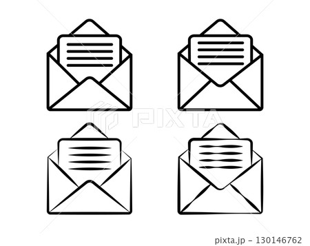 Mail icons. Mail delivery symbol. Main icon letter in envelope mail delivery symbol line art of open envelopes with documents. 130146762