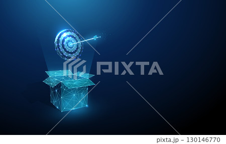 3d blue open box and darts target with arrow in the center. Goal achievement, target accuracy, out of the box thinking, efficiency concept. 3d blue open box and darts target with arrow in the center. Goal achievement, target accuracy, out of the box thinking, efficiency concept. 130146770