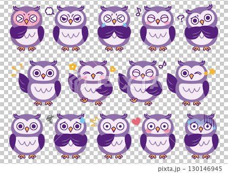 貓頭鷹各種臉部表情插圖集01（紫色） 130146945