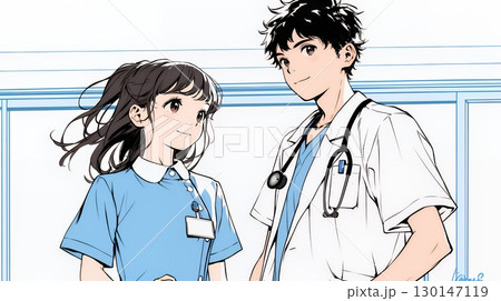 メディカルスタッフ：医師と看護師が打ち合わせ（シンプルな色使い）