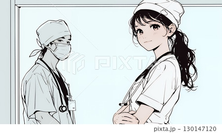 メディカルスタッフ：看護師が打ち合わせ（シンプルな色使い）