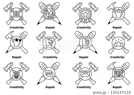 A set of symbols that represent various concepts such as creativity, repair A set of symbols that represent various concepts such as creativity, repair 130147228