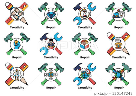 A variety of tools and symbols, including hammers, wrenches, and a box A variety of tools and symbols, including hammers, wrenches, and a box 130147245