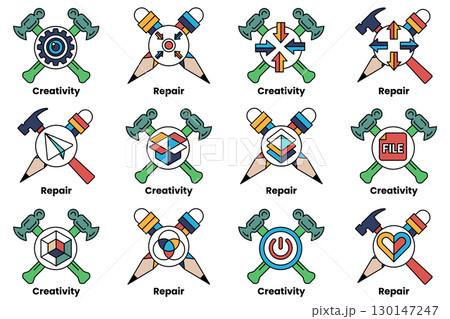 A set of tools, including hammers and scissors, with the words "repair" A set of tools, including hammers and scissors, with the words "repair" 130147247