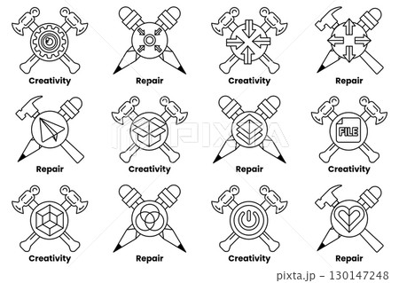 A set of symbols that represent various concepts such as creativity, repair A set of symbols that represent various concepts such as creativity, repair 130147248