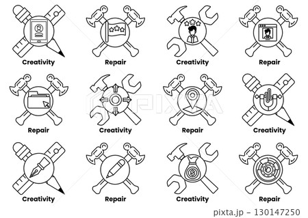 A set of tools and a variety of symbols, including a hammer, a screwdriver A set of tools and a variety of symbols, including a hammer, a screwdriver 130147250