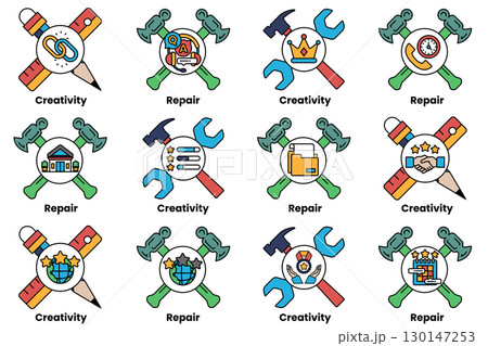 A set of tools, including hammers and wrenches, with the words "repair" 130147253